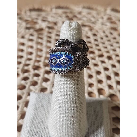 Vintage Sterling Silver Blue Green Enamel Coiled Snake Ring size 6 - Picture 1 of 9